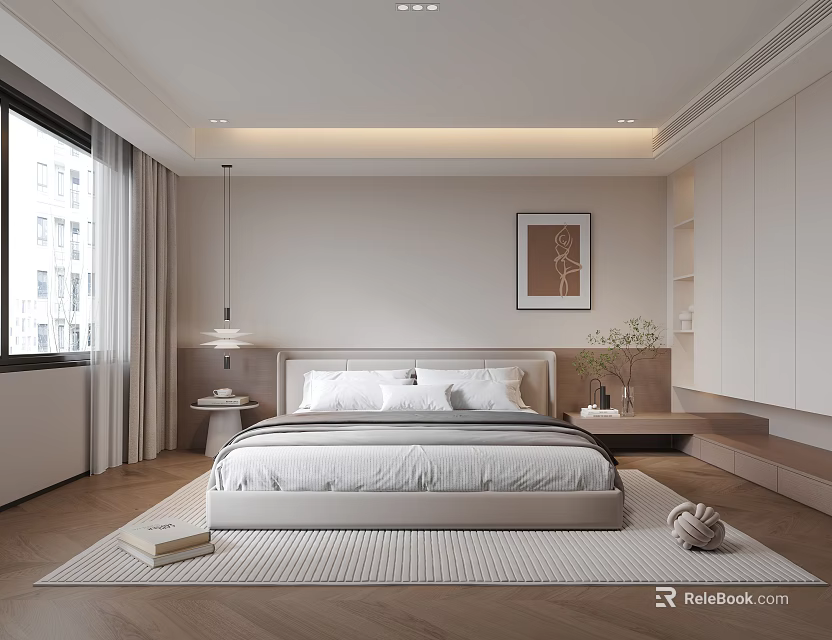 Modern Bedroom Interior With Large Bed White Bedding Framed Artwork And Window Curtains 3d model 
