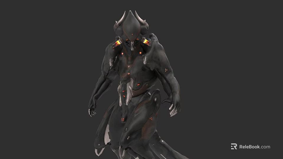 Sci Fi Game Movie Monster Character With Horned Head Black Armor And Glowing Red Details 3d model 