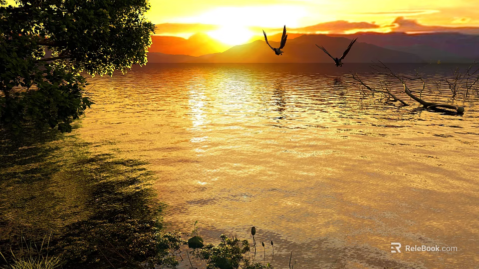 Scenic View of Golden Sunset Over Calm Lake With Flying Birds Distant Mountains Tree Reflections 3d model 