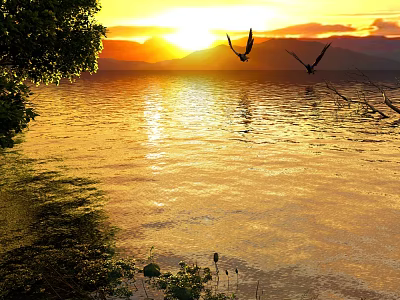 Scenic View of Golden Sunset Over Calm Lake With Flying Birds Distant Mountains Tree Reflections 3d model