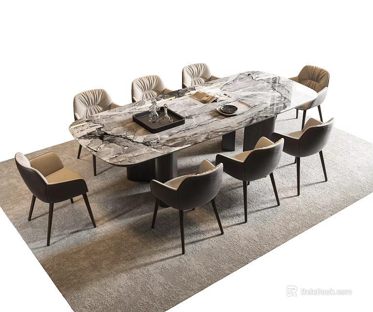 Elegant Modern Oval Marble Dining Table Set With Eight Beige Upholstered Chairs 3d model 