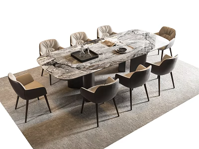 Elegant Modern Oval Marble Dining Table Set With Eight Beige Upholstered Chairs 3d model