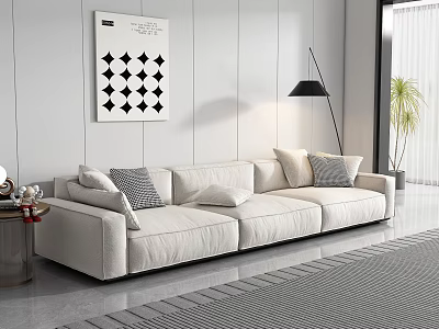 White Sectional Sofa With Gray Pillows Black White Geometric Art Black Lamp And Gray Rug 3d model