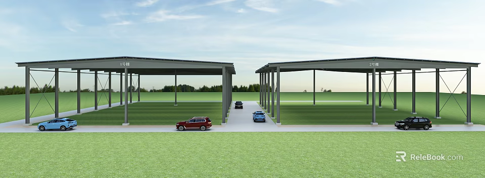 Large Outdoor Carport Structure With Vehicles Parked On Grass Near Trees 3d model 