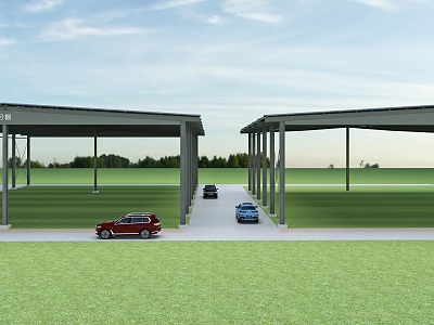 Large Outdoor Carport Structure With Vehicles Parked On Grass Near Trees 3d model