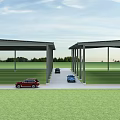 Large Outdoor Carport Structure With Vehicles Parked On Grass Near Trees