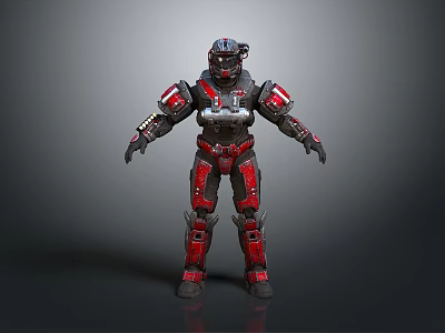 Futuristic Human Character In Red Black Mechanical Armor With Metallic Details 3d model