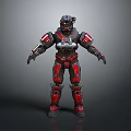 Futuristic Human Character In Red Black Mechanical Armor With Metallic Details