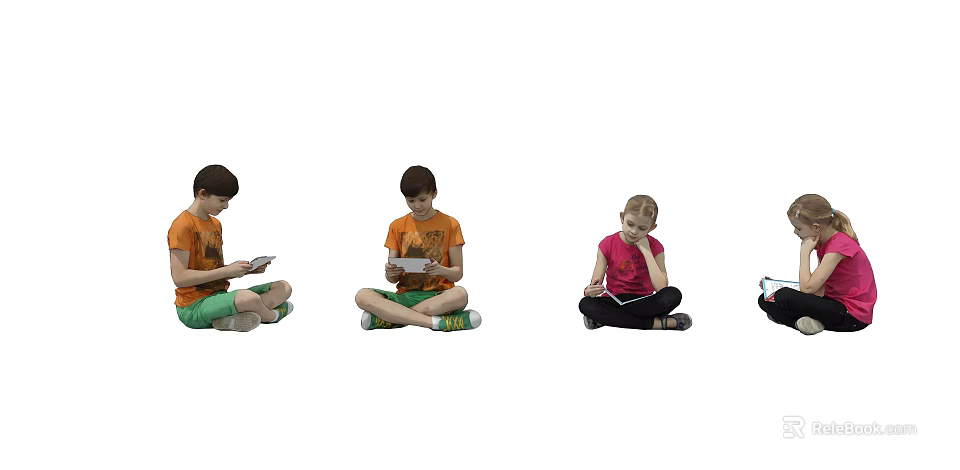 Two Kids Sitting And Using Devices Together 3d model