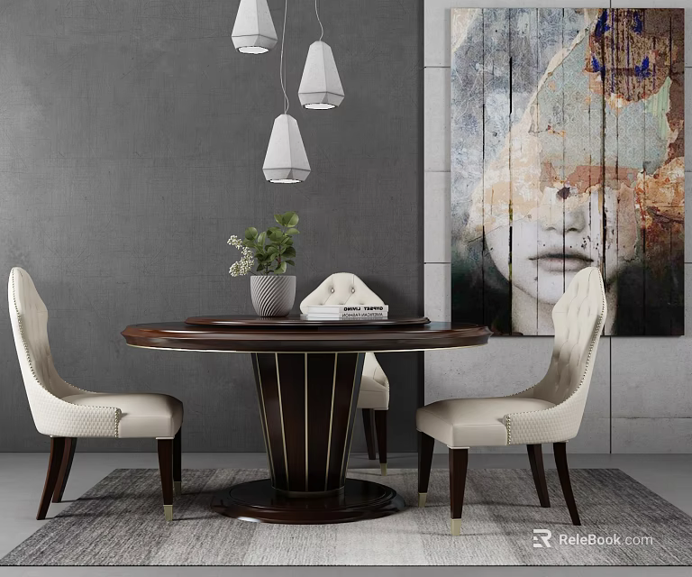 Round Dining Table Set With Beige Chairs Green Plant And Abstract Painting On Gray Wall 3d model 
