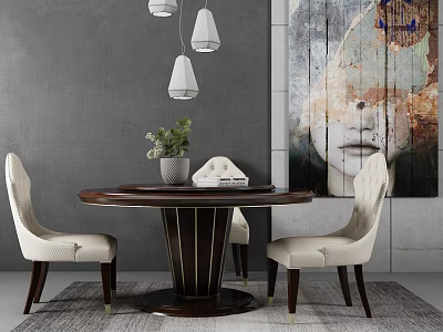 Round Dining Table Set With Beige Chairs Green Plant And Abstract Painting On Gray Wall 3d model