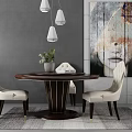 Round Dining Table Set With Beige Chairs Green Plant And Abstract Painting On Gray Wall