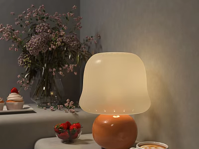 Home Table Lamp With White Shade Orange Base Purple Flowers And Strawberries 3d model