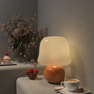 Home Table Lamp With White Shade Orange Base Purple Flowers And Strawberries 3d model