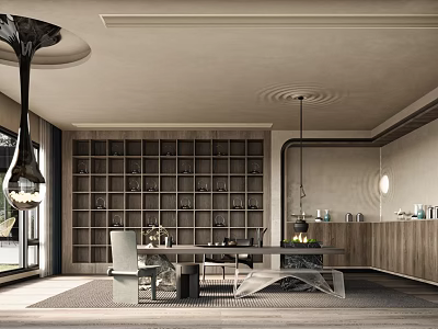 Modern Tea Room Interior Design With Wooden Shelves Tea Sets Pendant Lights And Table Chairs 3d model