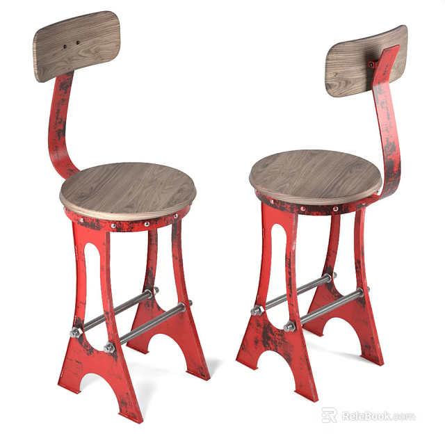 Vintage Red Frame Leisure Chairs With Wooden Seat And Metal Accents 3d model 