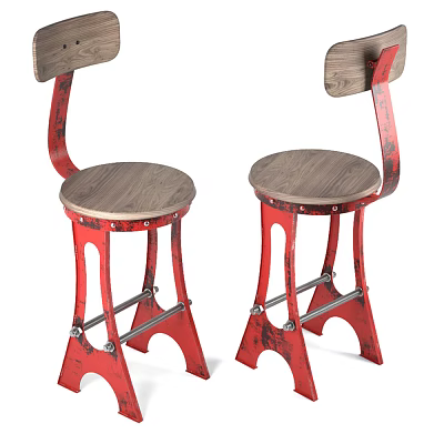 Vintage Red Frame Leisure Chairs With Wooden Seat And Metal Accents 3d model