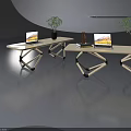 Light Colored Tables With Open Laptops Green Plants Black Cup And Book 3d model