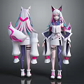 Anime Character With Fox Ears And Tails Pink Blue Hair White Outfit Front Back View
