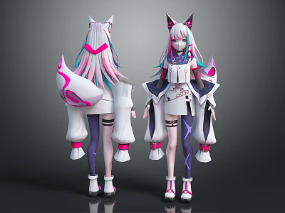 Anime Character With Fox Ears And Tails Pink Blue Hair White Outfit Front Back View 3d model
