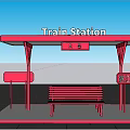 Red Train Station Platform With Canopy Bench Telephone Booth And Sign
