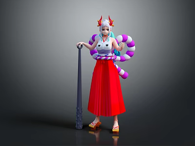 Game Movie Character With Red Long Skirt Horns Purple White Stripes And Blue Hair 3d model