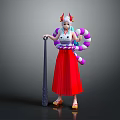 Game Movie Character With Red Long Skirt Horns Purple White Stripes And Blue Hair