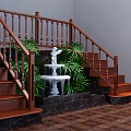 Wooden Stairs with Railings Angel Statue Fountain and Green Plants on Marble Floor