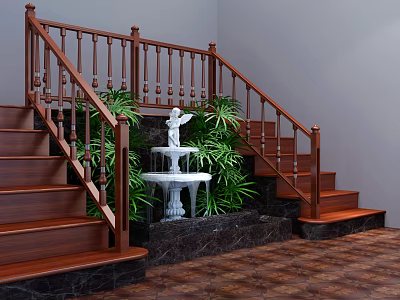 Wooden Stairs with Railings Angel Statue Fountain and Green Plants on Marble Floor 3d model