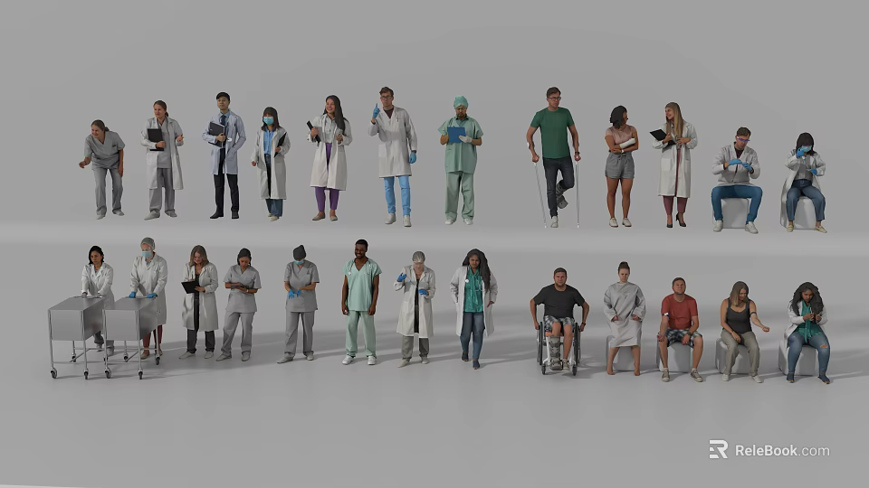 Multiple People Including Medical Professionals And Patients With Wheelchair Crutches In Healthcare Setting 3d model 