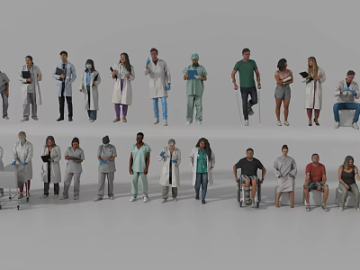 Multiple People Including Medical Professionals And Patients With Wheelchair Crutches In Healthcare Setting 3d model