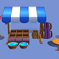 Charming Market Stall With Blue White Striped Awning Wooden Shelf Buckets And Table