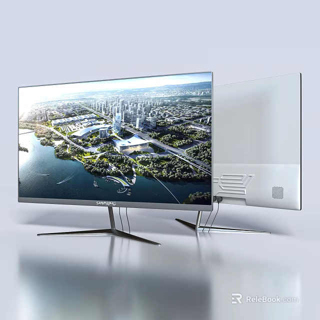 Modern All in One PC with Large Screen City View Display and Metal Stand Design 3d model 