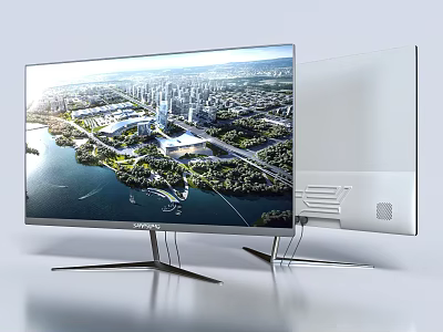 Modern All in One PC with Large Screen City View Display and Metal Stand Design 3d model