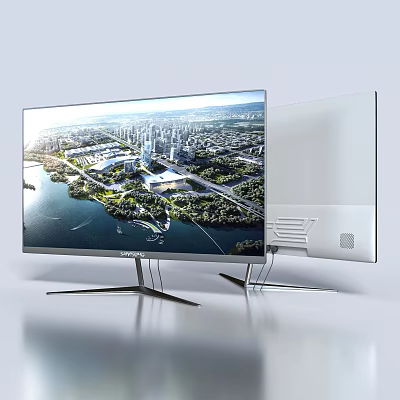 Modern All in One PC with Large Screen City View Display and Metal Stand Design 3d model