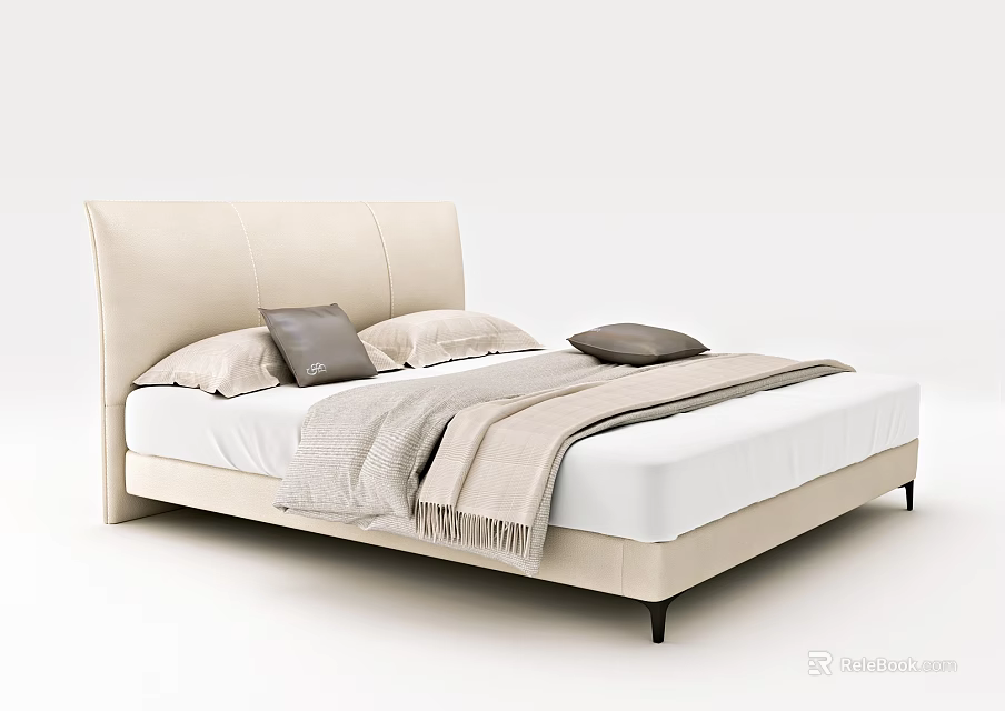 Double Bed with Beige Headboard Soft Pillows Cozy Throw Blanket Black Legs Modern Bedroom 3d model 
