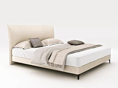 Double Bed with Beige Headboard Soft Pillows Cozy Throw Blanket Black Legs Modern Bedroom 3d model