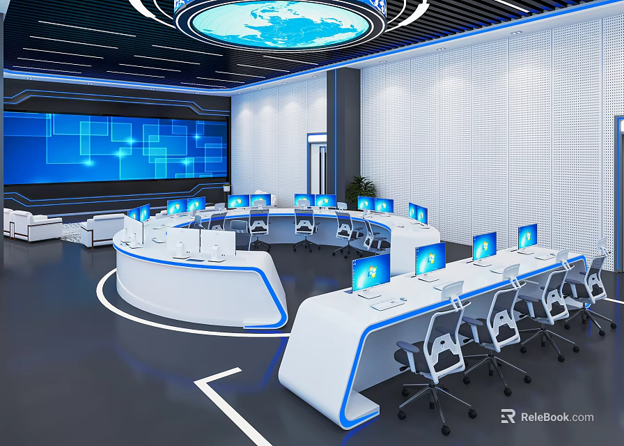 Modern Control Room Interior Design With Multiple Computer Screens Workstations And Office Chairs 3d model 