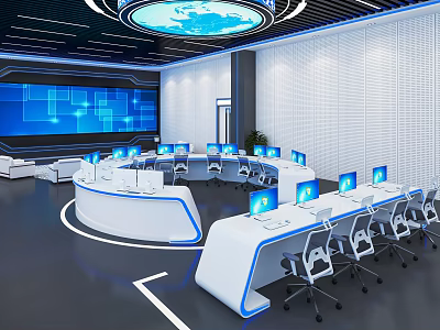 Modern Control Room Interior Design With Multiple Computer Screens Workstations And Office Chairs 3d model