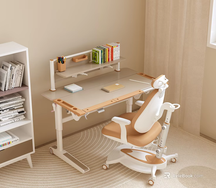 Simple Modern Study Room Desk And Chair Set With Bookshelf And Wheeled Beige Chair 3d model 