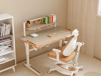 Simple Modern Study Room Desk And Chair Set With Bookshelf And Wheeled Beige Chair 3d model