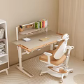 Simple Modern Study Room Desk And Chair Set With Bookshelf And Wheeled Beige Chair