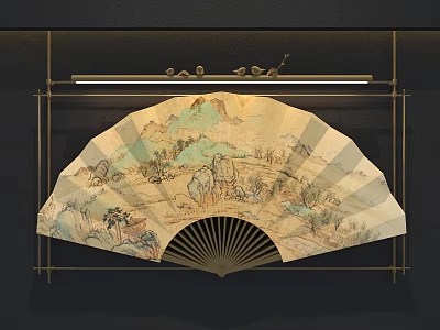 Traditional Oriental Landscape Fan Painting With Metal Frame Hanging Wall Art 3d model