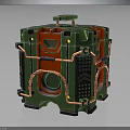 Green Cube Shaped Industrial Equipment With Red Accents Metallic Pipes And Control Panel