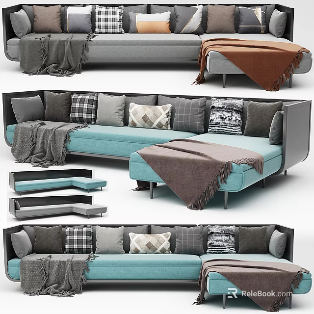 Turquoise Gray Brown Sofa With Decorative Pillows And Blankets In Various Angles 3d model