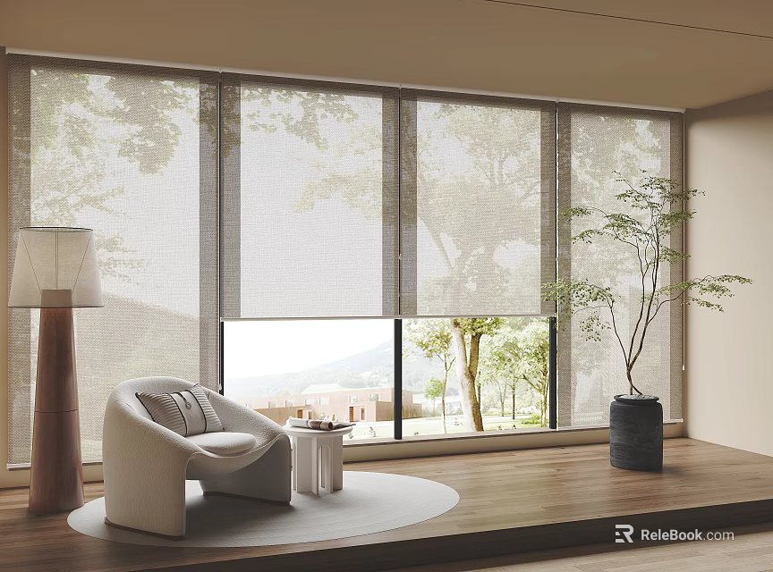 Modern Living Room With Light Filtering Roller Blinds And Natural Scenery View 3d model 