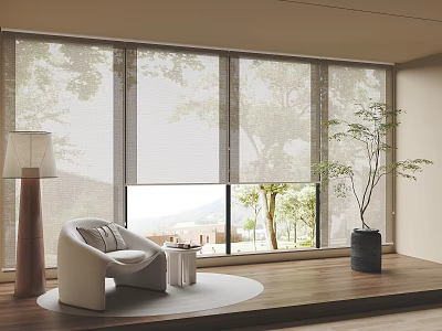 Modern Living Room With Light Filtering Roller Blinds And Natural Scenery View 3d model