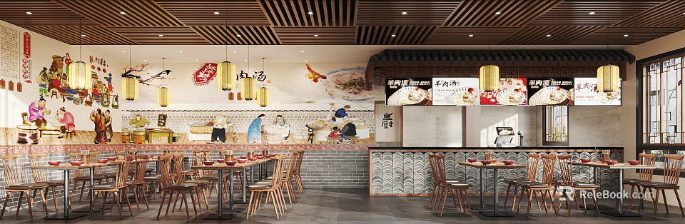Warm Elegant Restaurant With Sunlight Through Windows Wooden Tables Ink Paintings Green Plants And Wooden Grid Ceiling 3d model 