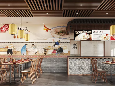 Warm Elegant Restaurant With Sunlight Through Windows Wooden Tables Ink Paintings Green Plants And Wooden Grid Ceiling 3d model