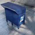 Commercial Mailbox Equipment Blue USPS Logo Metal Structure With Roof Legs And Brick Wall Background